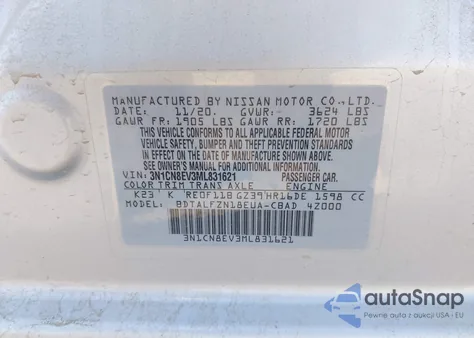 2021 Nissan Versa Sv Xtronic Cvt from USA, damaged, VIN 3N1CN8EV3ML831621